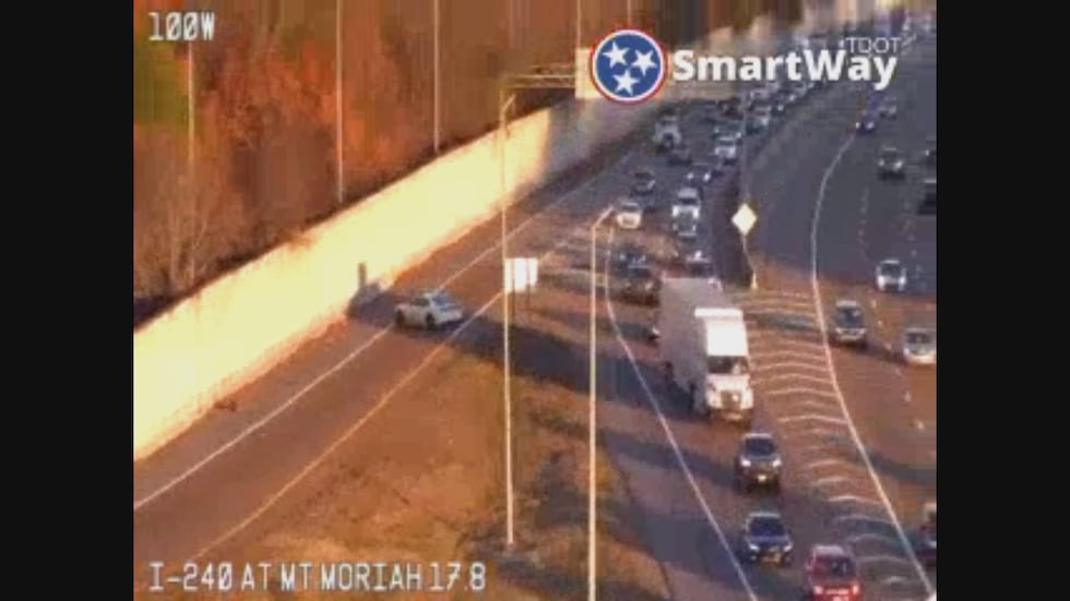 The scene on I-240 Westbound, where police can be seen blocking the Mount Moriah offramp