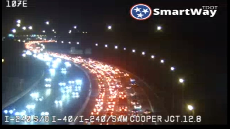 The view of the traffic backup from I-240 East looking north toward the junction