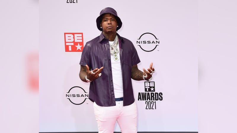 Moneybagg Yo arrives at the BET Awards on Sunday, June 27, 2021, at the Microsoft Theater in...