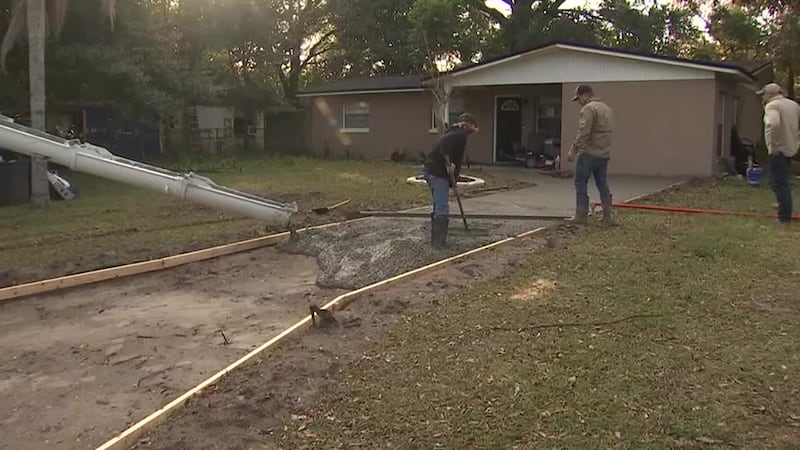 A veteran helped a homeowner replace her driveway that had been ripped up a stolen. (WFTV,...