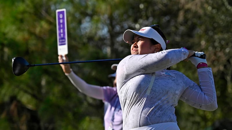 Lilia Vu hits watches her tee shot on the first hole during the final round of the Grant...