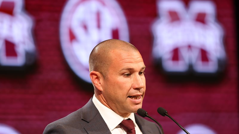 Mississippi State football head coach Zach Arnett speaks to the media at the 2023 SEC Football...