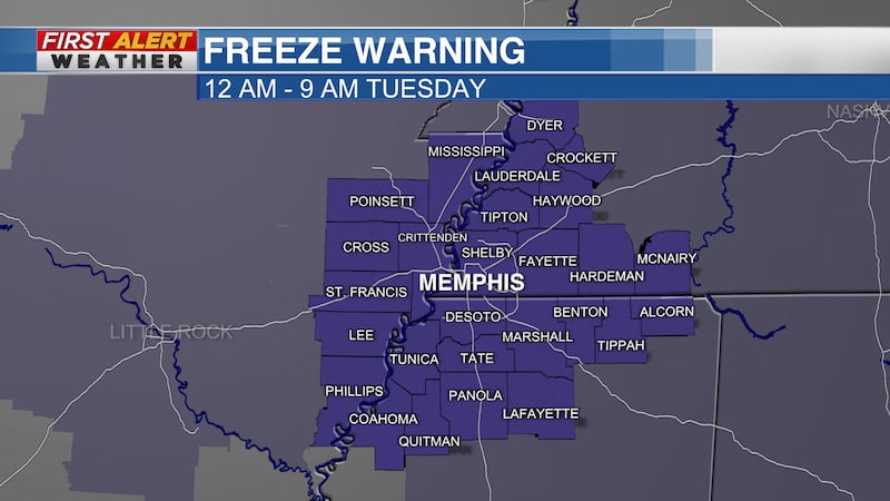 Freeze Warning is in effect Tuesday Midnight to 9 am.