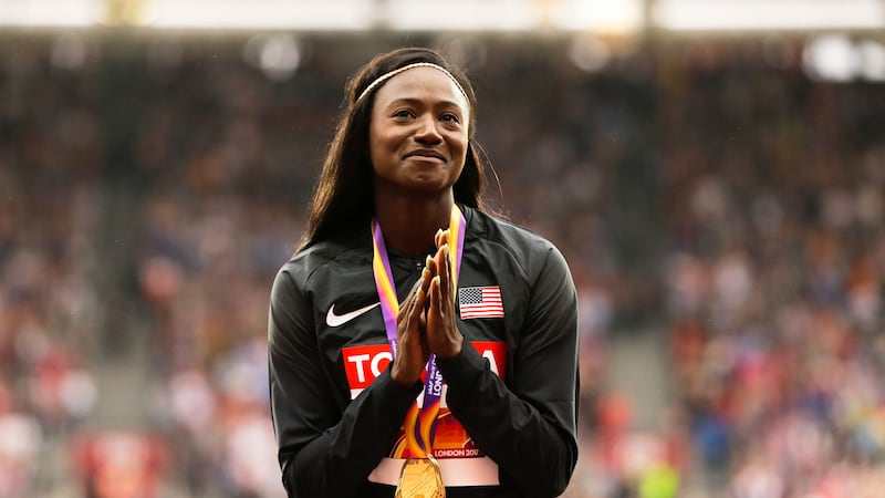 United States' Tori Bowie gestures after receiving the gold medal she won in the women's 100m...