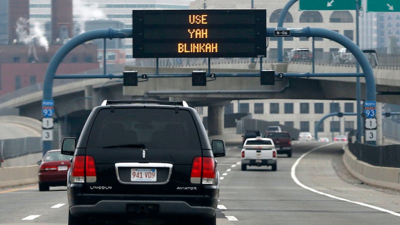 An electronic highway sign is seen on Interstate 93 in Boston, Friday, May 9, 2014. The...