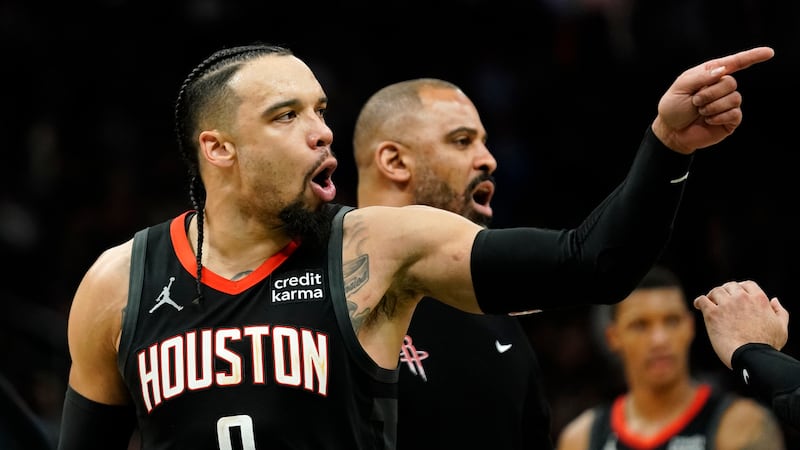 Houston Rockets' Dillon Brooks (9) yells to an official after being ejected during the second...