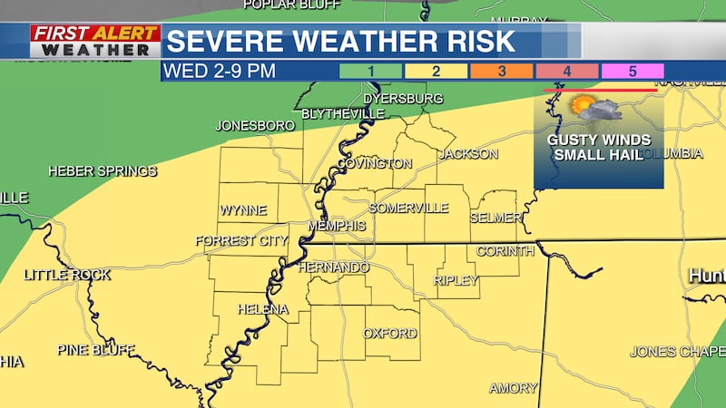 The SPC has placed the Mid-South under a Slight Risk (2 out of 5) for severe storms today.