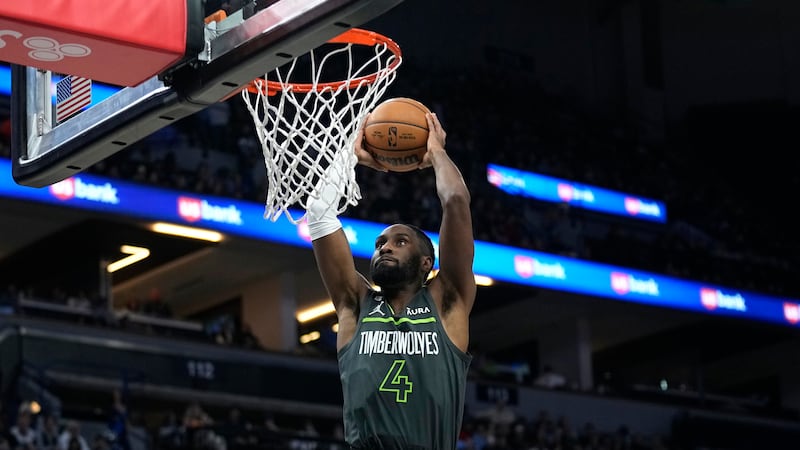 Minnesota Timberwolves guard Jaylen Nowell (4) goes up for a dunk during the first half of an...
