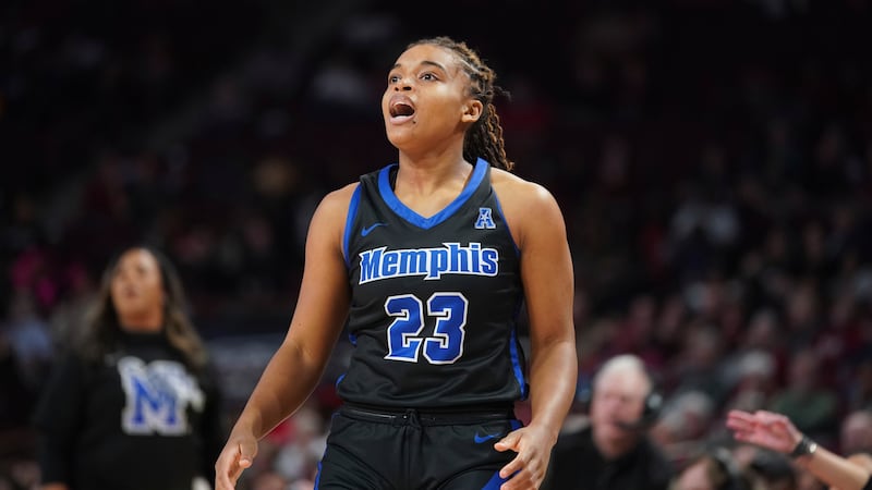 Memphis guard Jamirah Shutes reacts to a play during the second half of an NCAA college...