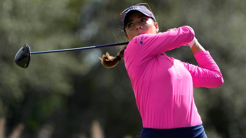 Gaby Lopez, of Mexico, plays her shot from the third tee during the third round of the LPGA...