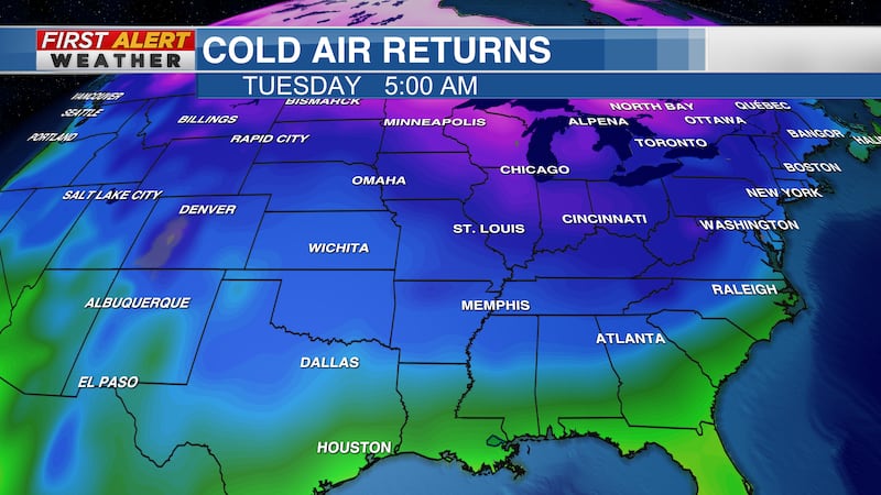 Cold air will continue to push south into our area through mid-week.