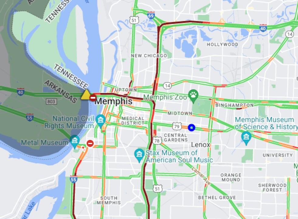 TDOT traffic map showing the delay caused by a crash on the I-40 bridge