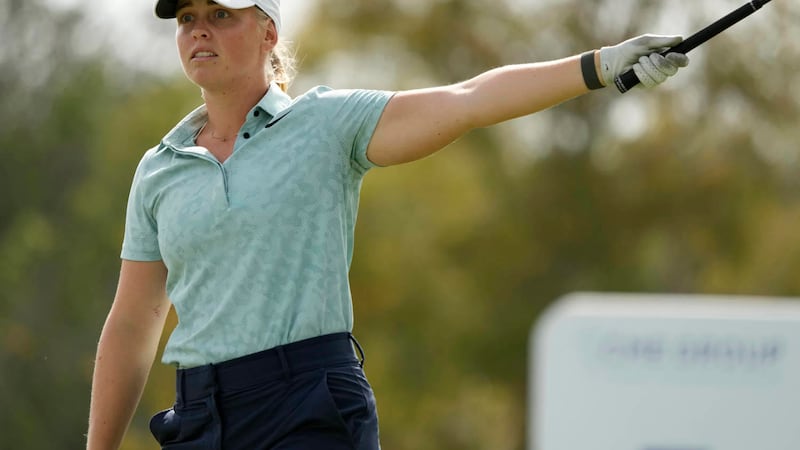 Maja Stark, of Sweden, motions after her tee shot on the third tee during the first round of...